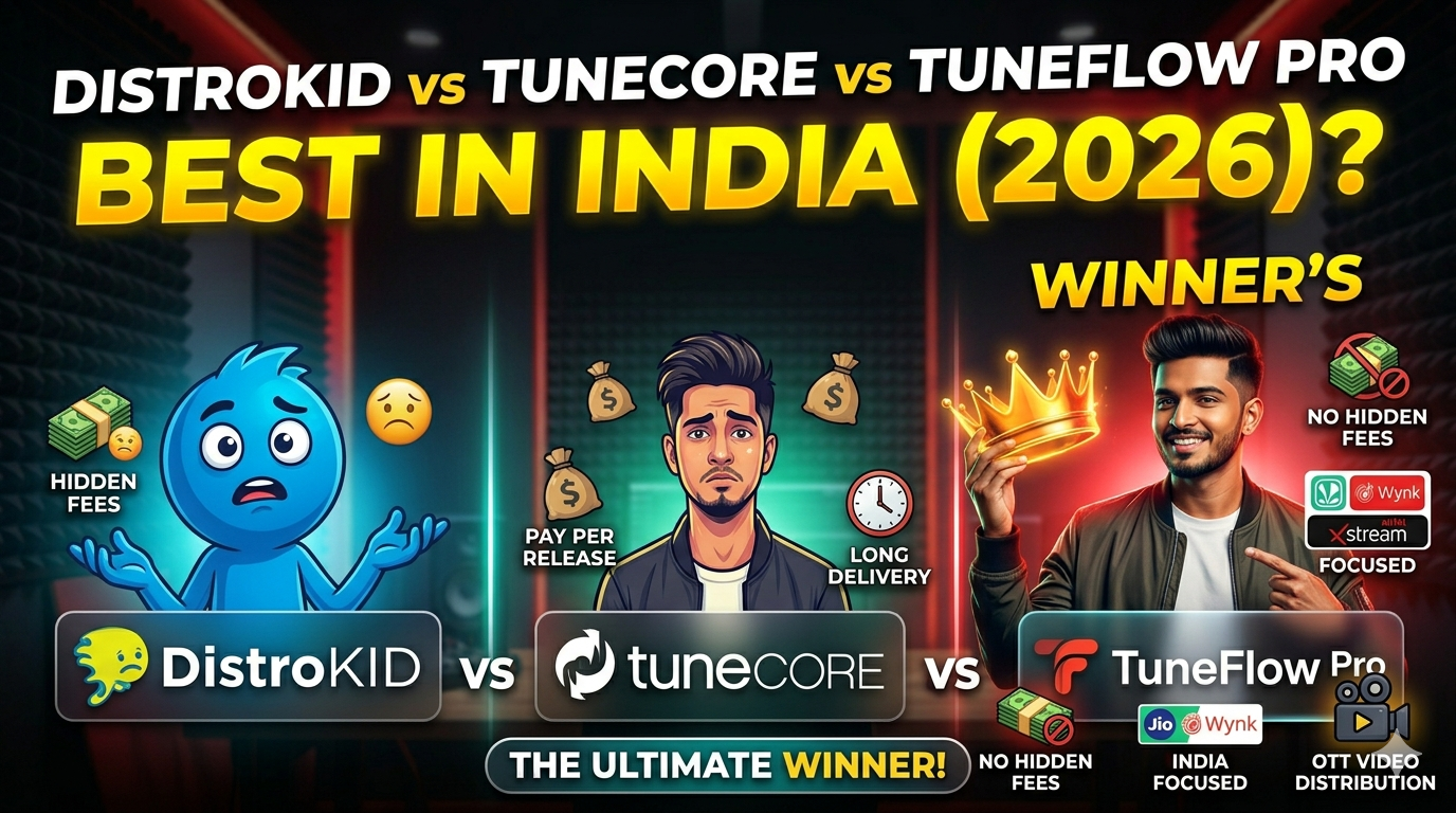 DistroKid vs TuneCore vs TuneFlow Pro: Which is the Best Music Distributor in India (2026)? blog post thumbnail image